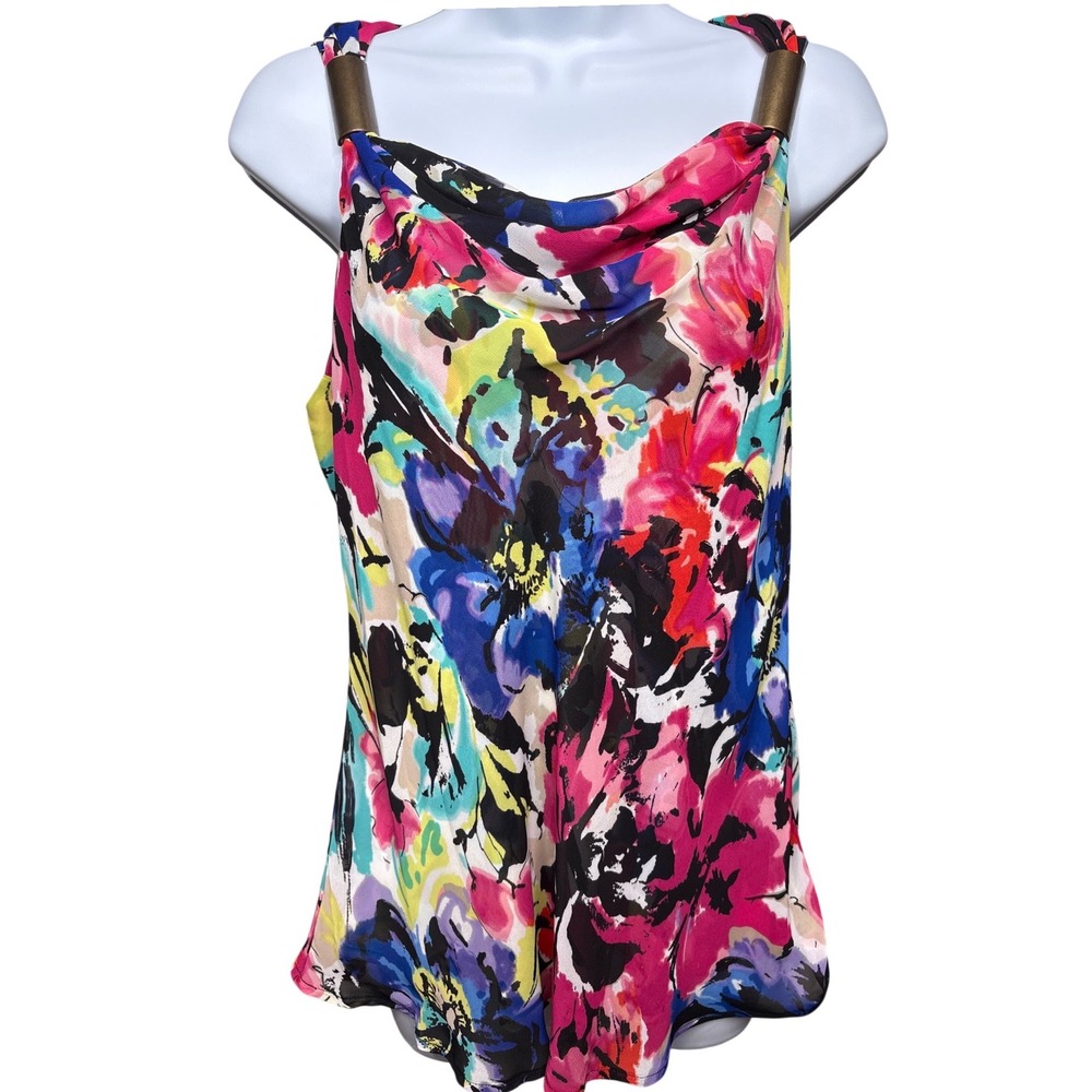 CHAUS Multicolor Floral Tropical Cowl Neck Tank Top Sz 8 Metal Detail Artsy Bold